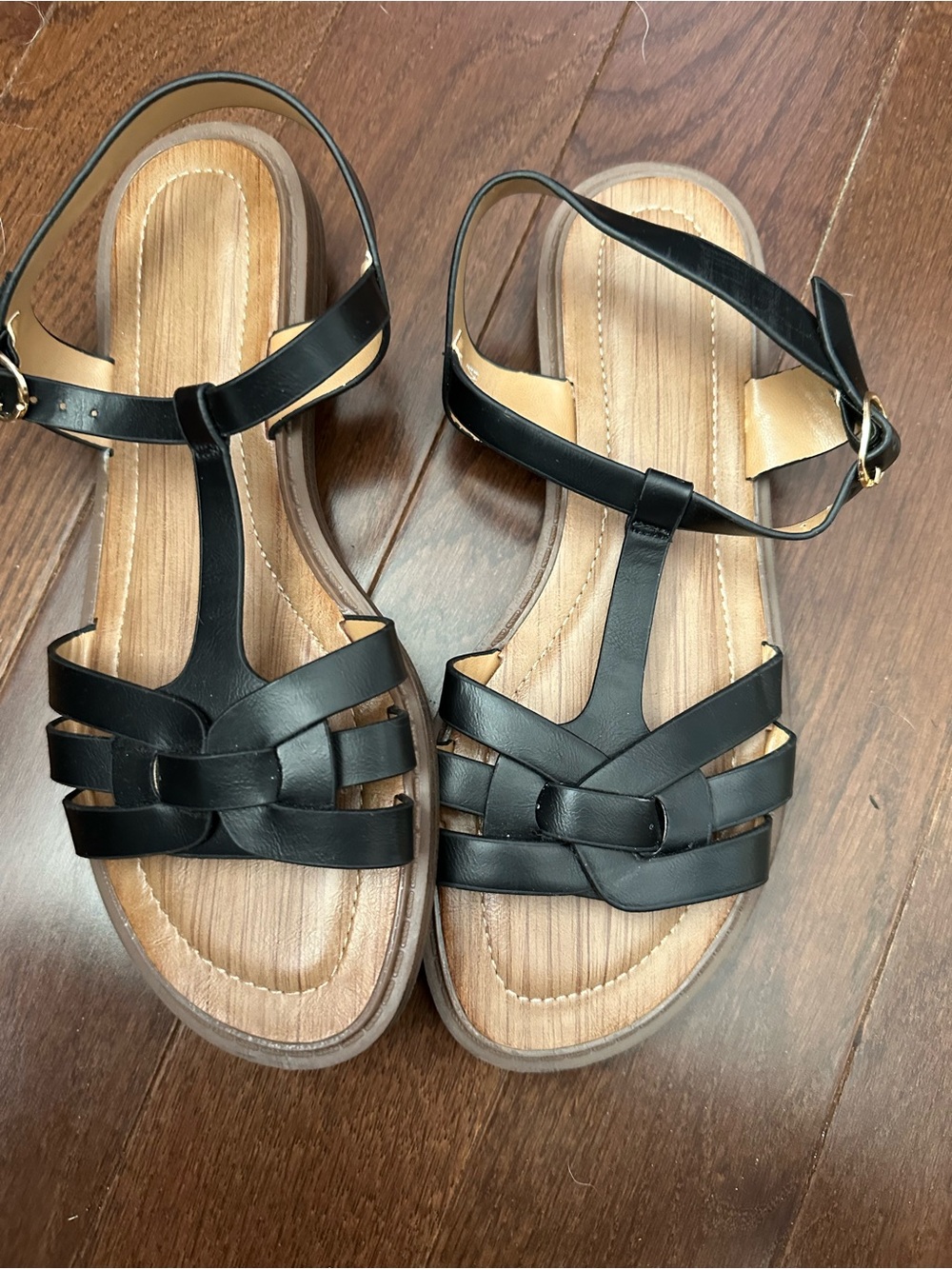 Women's Black T-Strap Braided Sandals with Ankle Buckle